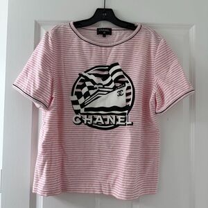 CHANEL Pink and White Striped Tee